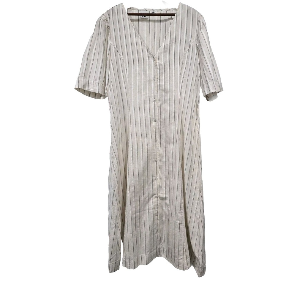 Ichi Pintuck Ivory Striped Maxi Dress Boho Prairie Cotton Linen India 40/L